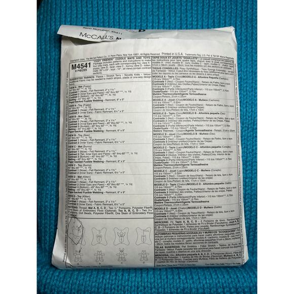 McCalls 4541 pattern plush puppy bear bunny kitten cuddle mat - Picture 3 of 6